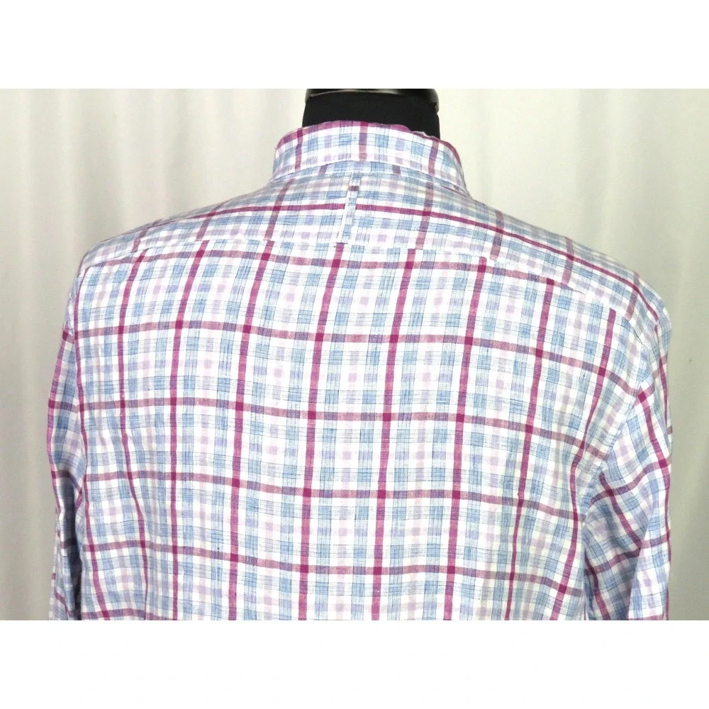 Banana Republic 100% Linen CAMDEN FIT‎ Plaid Button Up Shirt Men's Large